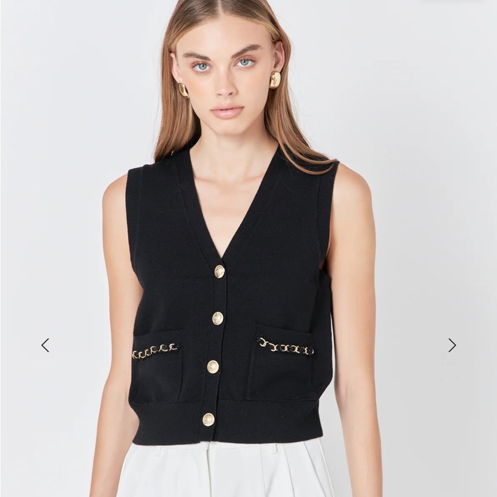 Endless Rose—NWT  Black V-Neck Buttoned Knit Vest with Gold Chain Trim, Sz S